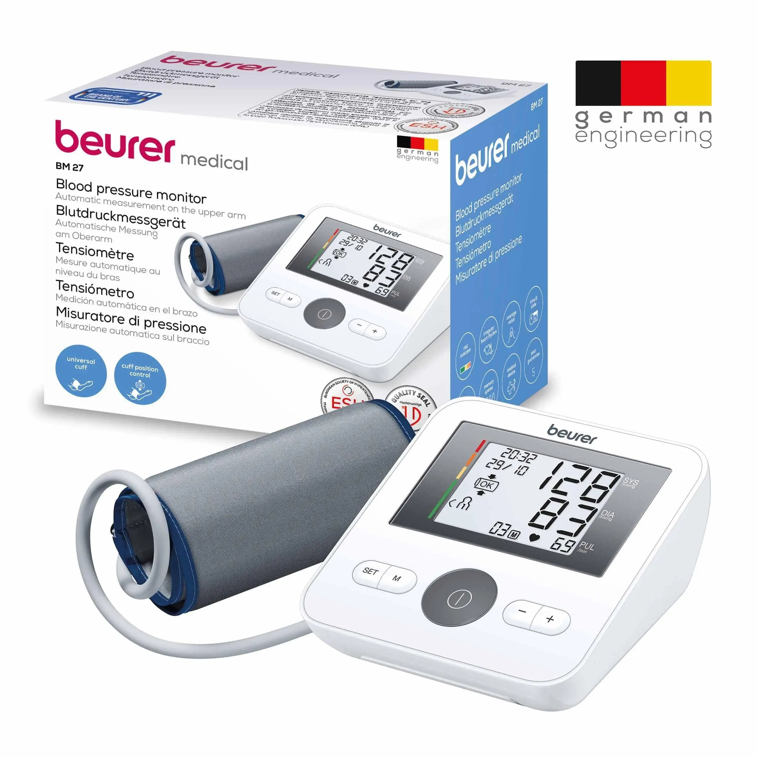 Oberarm-Blutdruckmessgerät Beurer BM 27 mit Manschette und Verpackung
