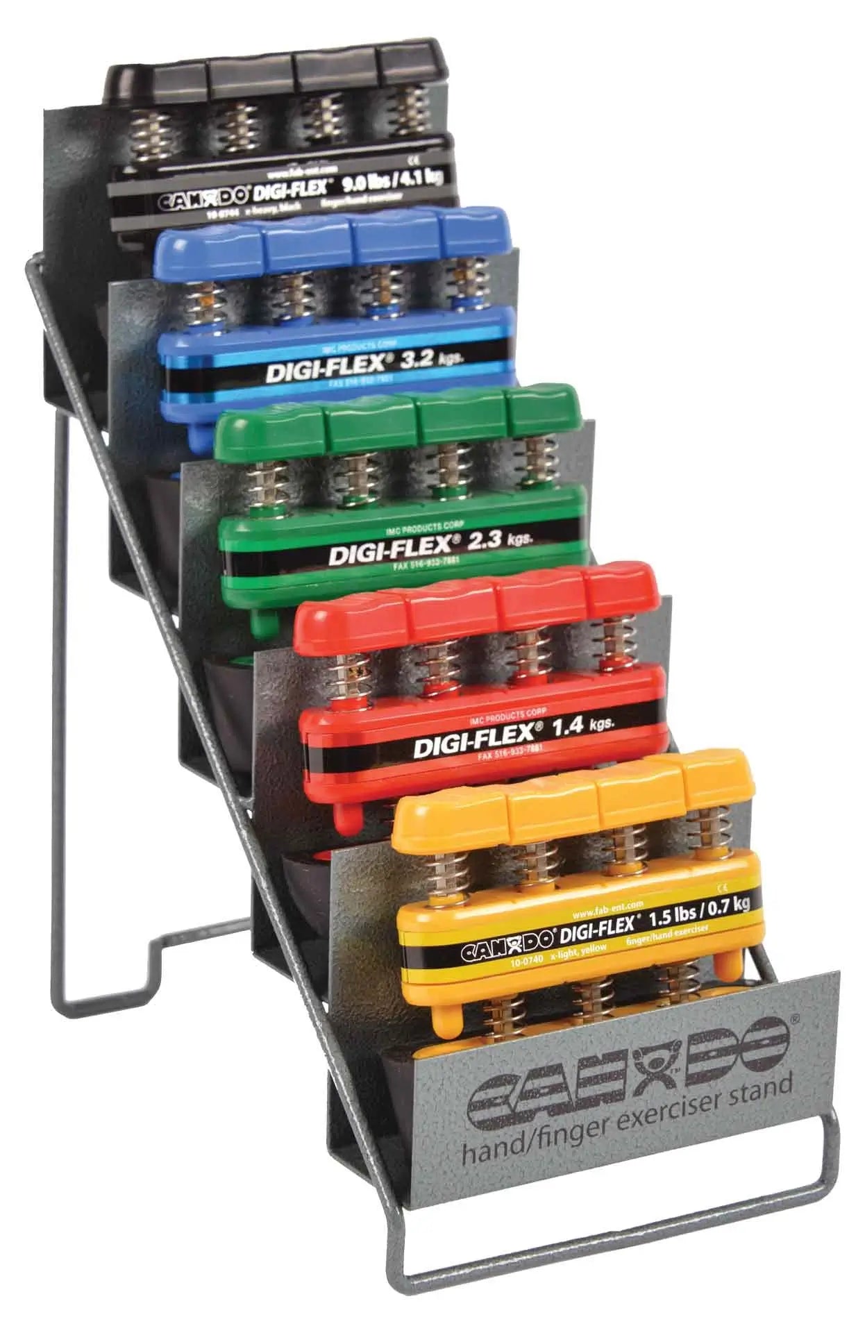 Fünf Griffkrafttrainer Digi-Flex® in allen Farben auf Aufsteller