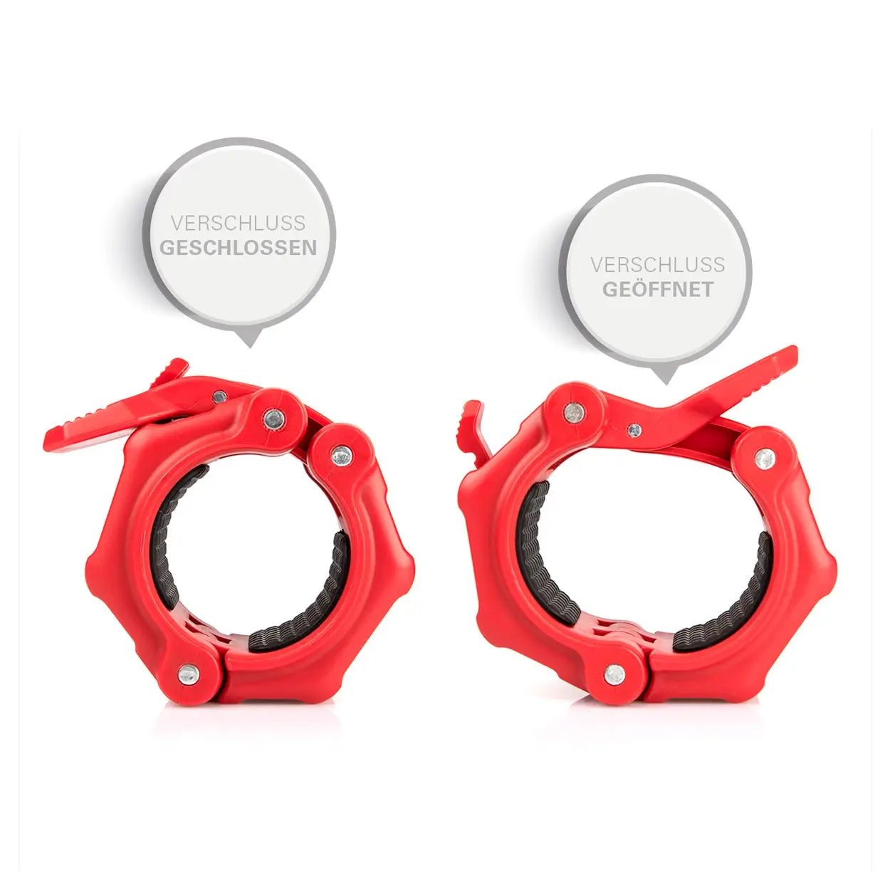 Zwei Clip-Hantelverschlüsse Sport-Tec 50mm in rot, geschlossen vs. geöffnet