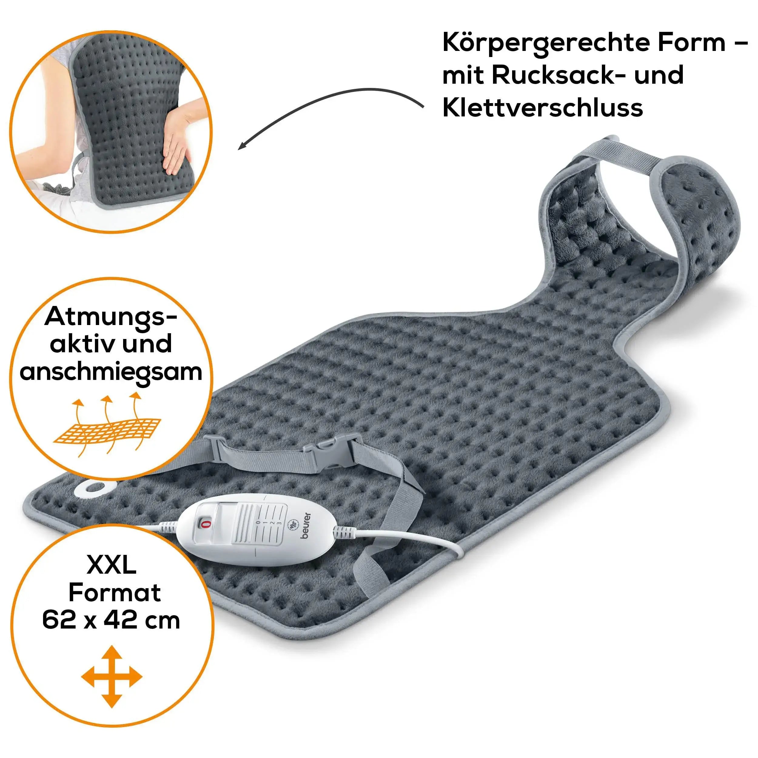 Atmungsaktives Rücken- und Nackenheizkissen Beurer HK 53 Cosy im XXL-Format 62x42 cm