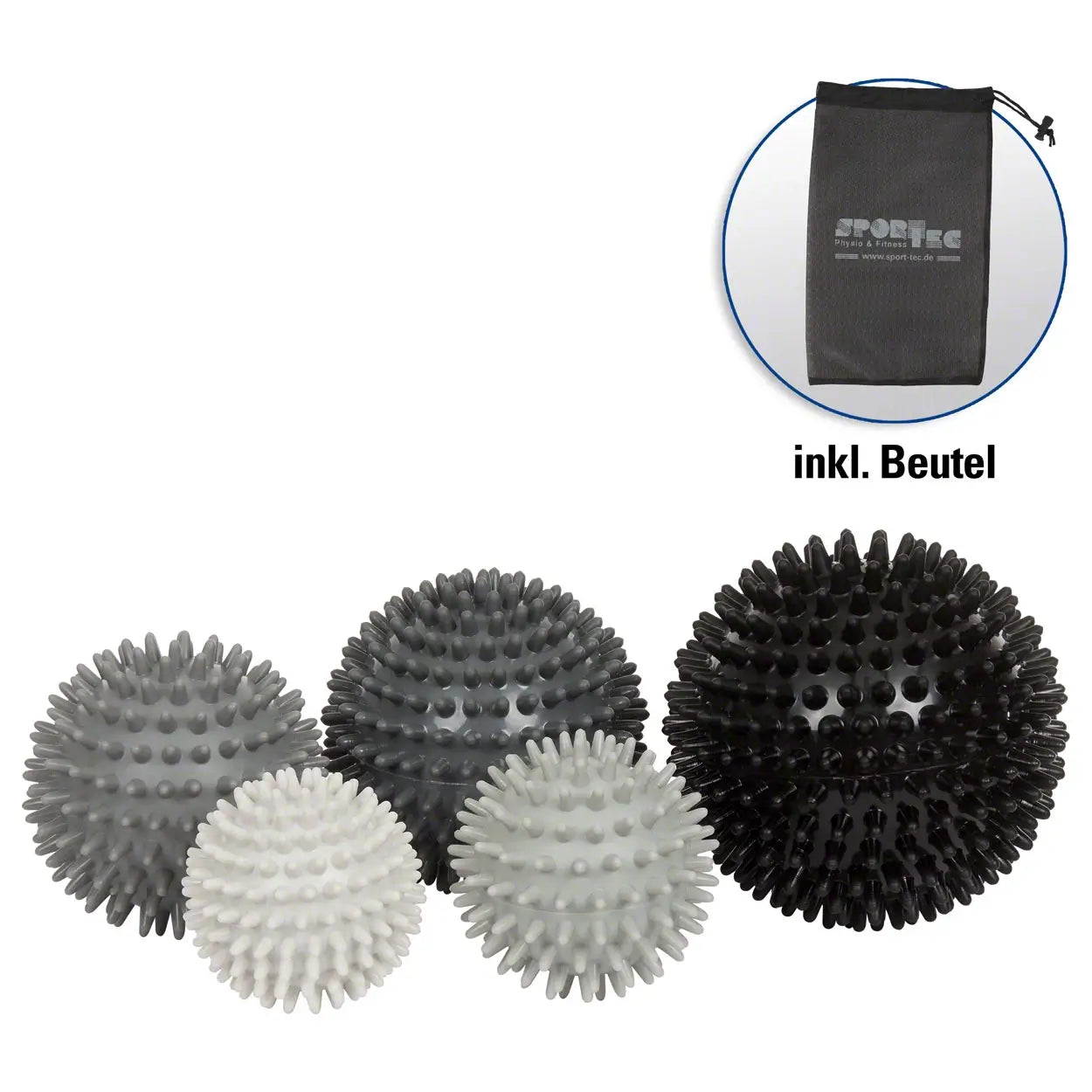 Vier Igel-Bälle Sport-Tec Hart in fünf verschiedenen Farben mit Beutel