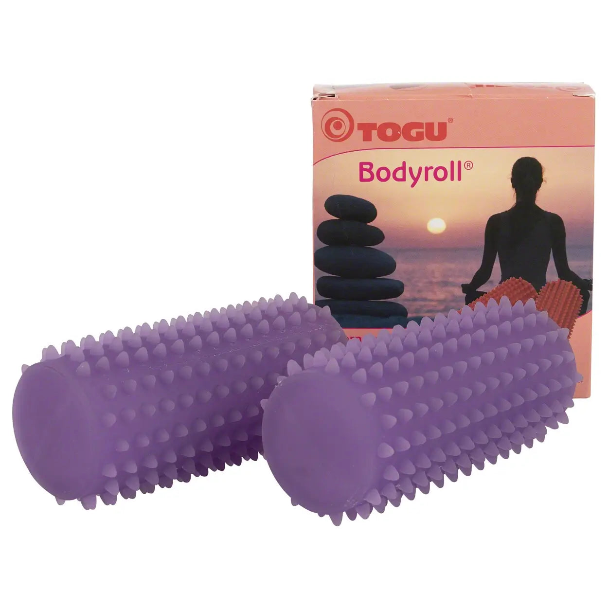 Zwei Igelrollen Togu® Bodyroll in lila vor Verpackung