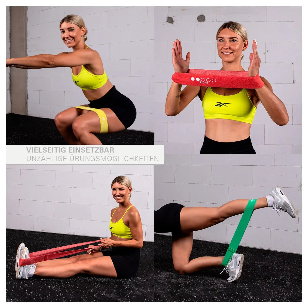 Frau trainiert vier verschiedene Übungen mit den Loopbändern Sport-Tec Fitness aus Textil