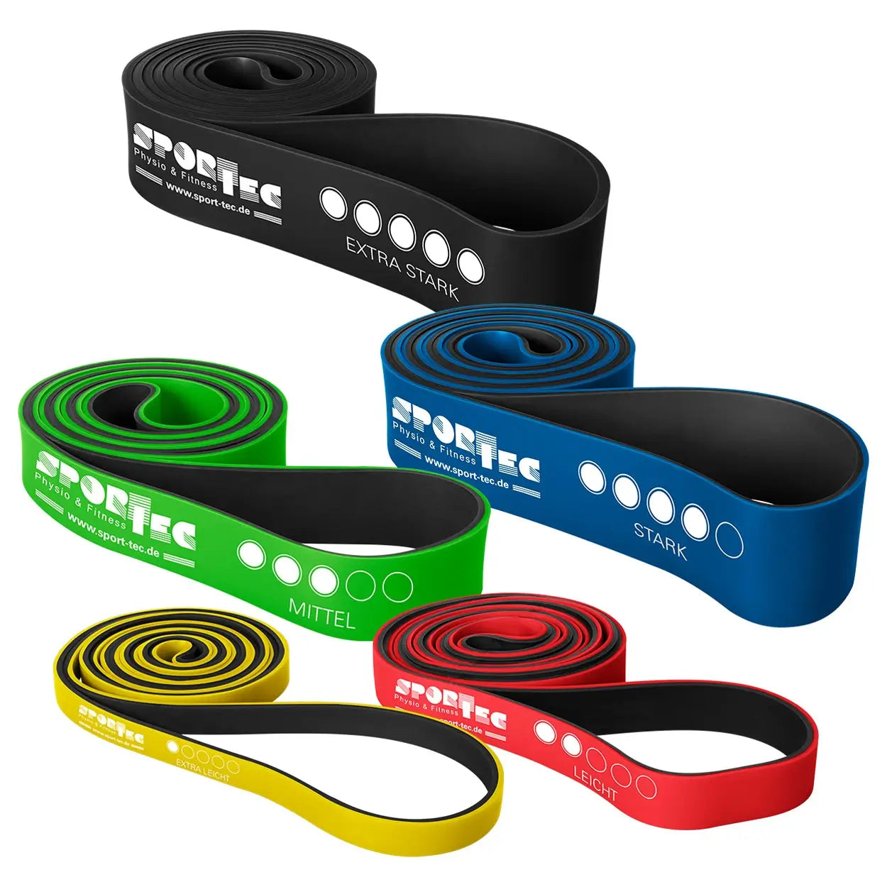 Fünf Power-Bänder Sport-Tec als Set in 5 Stärken und Farben in 104 cm Länge