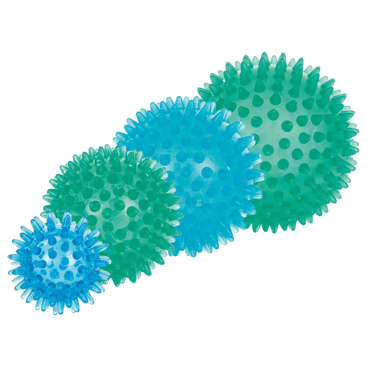 Vier Reflex-Bälle Sport-Tec mit Noppen in unterschiedlichen Größen und Farben