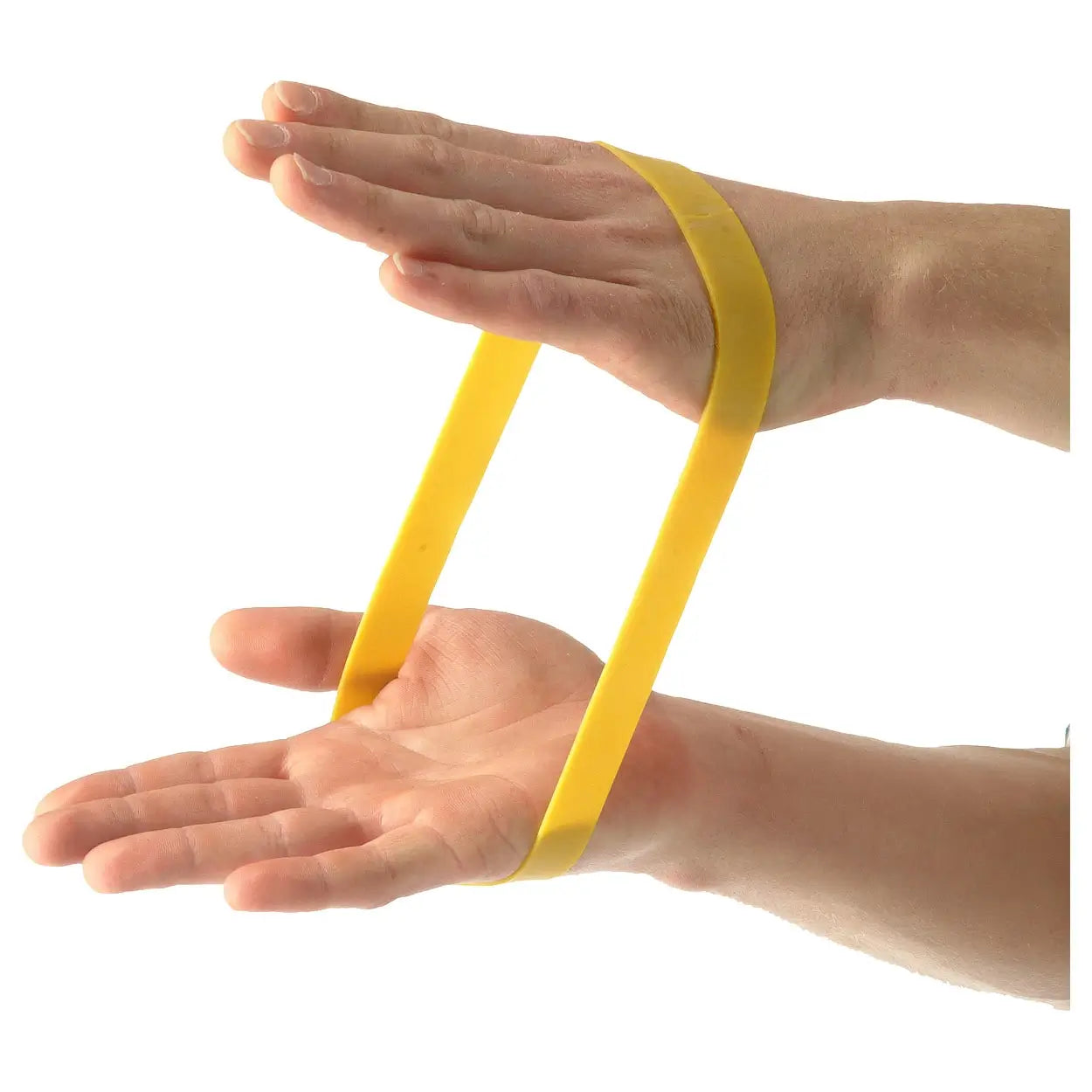 Person zieht Rubberband Sport-Tec in gelb mit Handaußenflächen auseinander