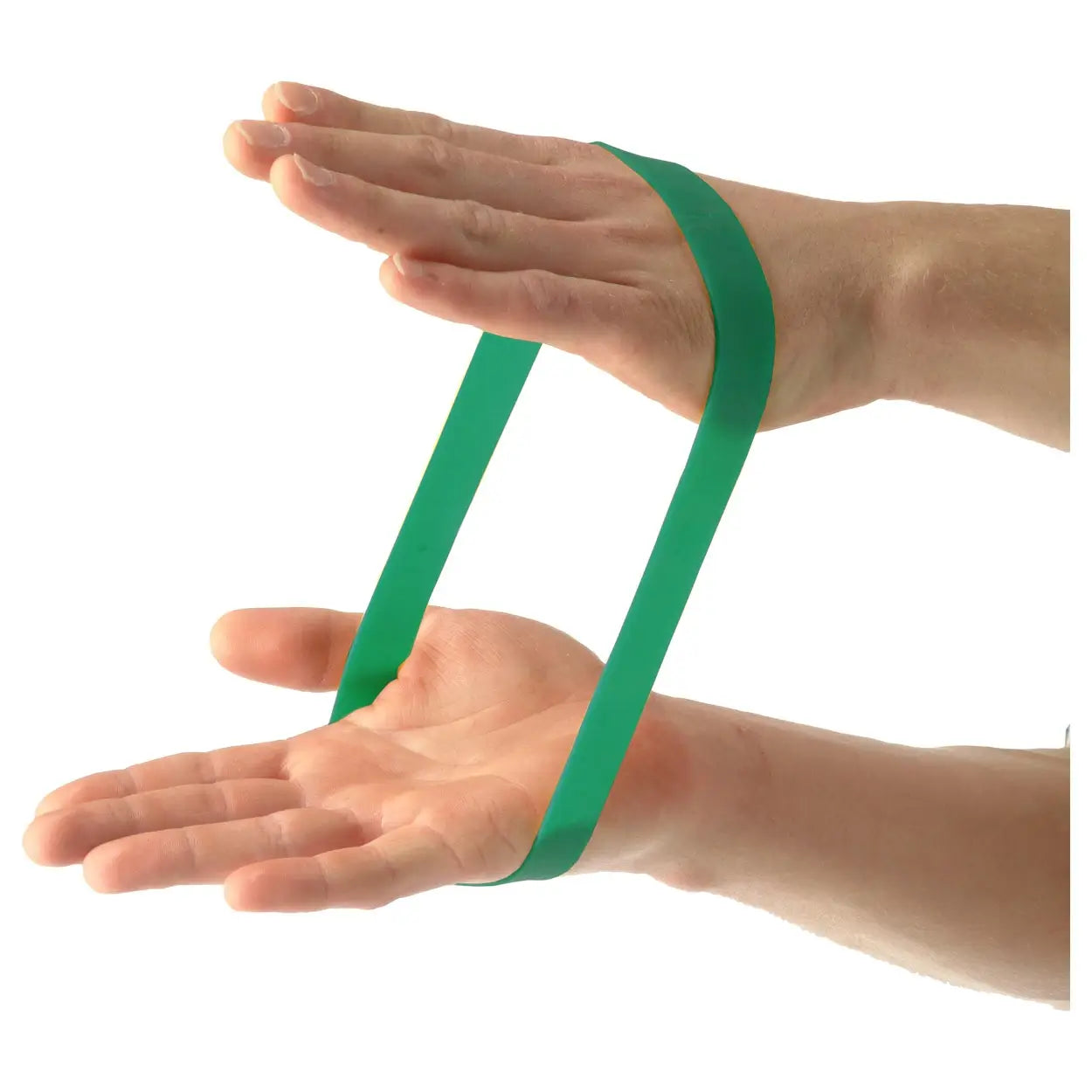 Person zieht Rubberband Sport-Tec in grün mit Handaußenflächen auseinander
