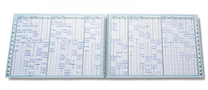 Aufgeklappter Terminkalender für vier Räume oder 4 Ärzte / Therapeuten