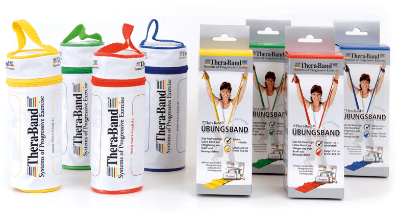 Vier Therabänder 5,5 m Original Breite 13,8 cm neben Verpackungen in unterschiedlichen Farben