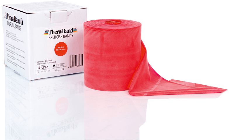 Theraband 45m Rolle Original neben Verpackung in rot