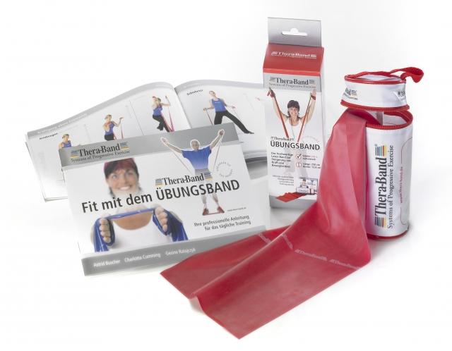Theraband 2,5 m Original in Rot neben Reißverschlusstasche und Verpackung mit Anleitung
