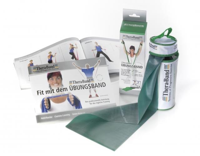 Theraband 2,5 m Original in Grün neben Reißverschlusstasche und Verpackung mit Anleitung