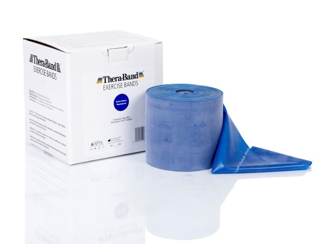 Theraband 45m Rolle Original neben Verpackung in Blau