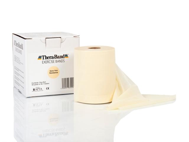 Theraband 45m Rolle Original Extra-Dünn neben Verpackung in Beige