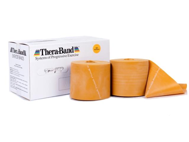 Zwei Theraband 45m Rollen Original in Orange neben Verpackung