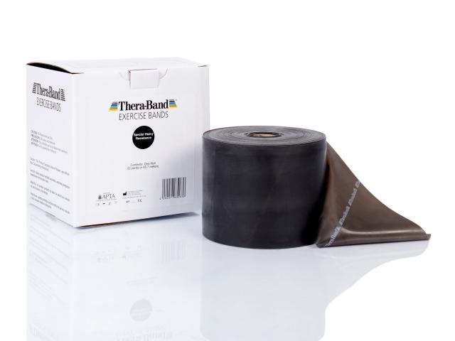 Theraband 45m Rolle Original neben Verpackung in Schwarz