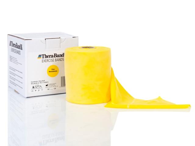 Theraband 45m Rolle Original neben Verpackung in Gelb