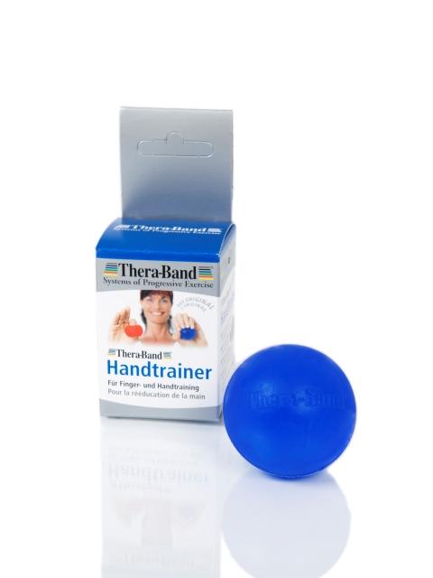 Theraband Ball in blau neben Verpackung
