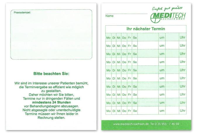 Vorder- und Rückseite des Terminzettels Meditech A7 in weiß mit grüner Beschriftung