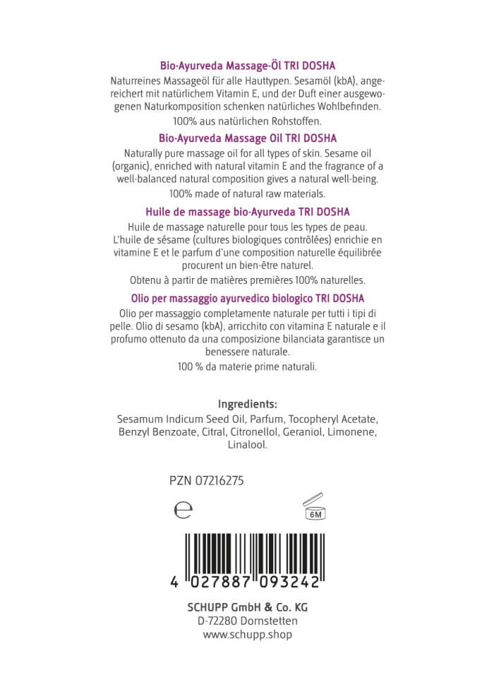 Rückseite der Flasche Massageöl Schupp Tri Dosha mit Inhaltsstoffen und Barcode