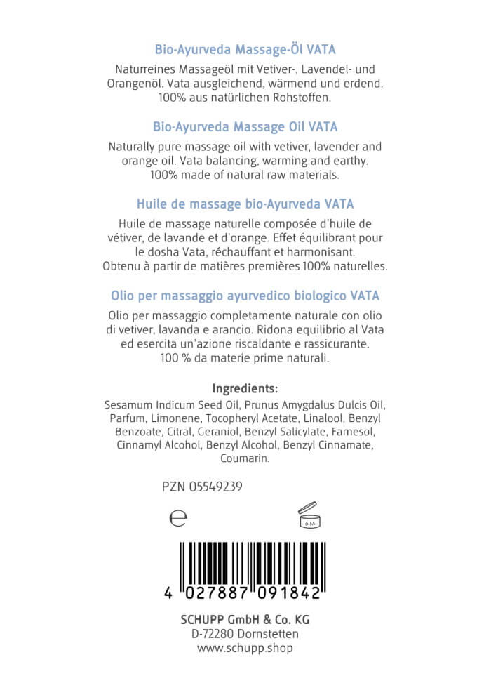 Rückseite der Flasche Ayurveda-Öl Schupp Vata mit Inhaltsstoffen und Barcode