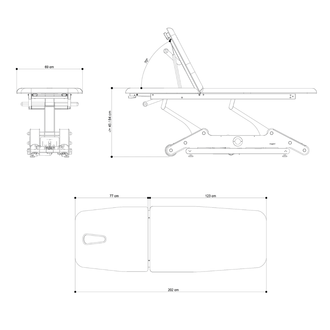 Maße der Winkeleinstellung des Rückenteils und Länge der Einzelelemente der 2-teiligen Therapiebank Naggura N'GO2L