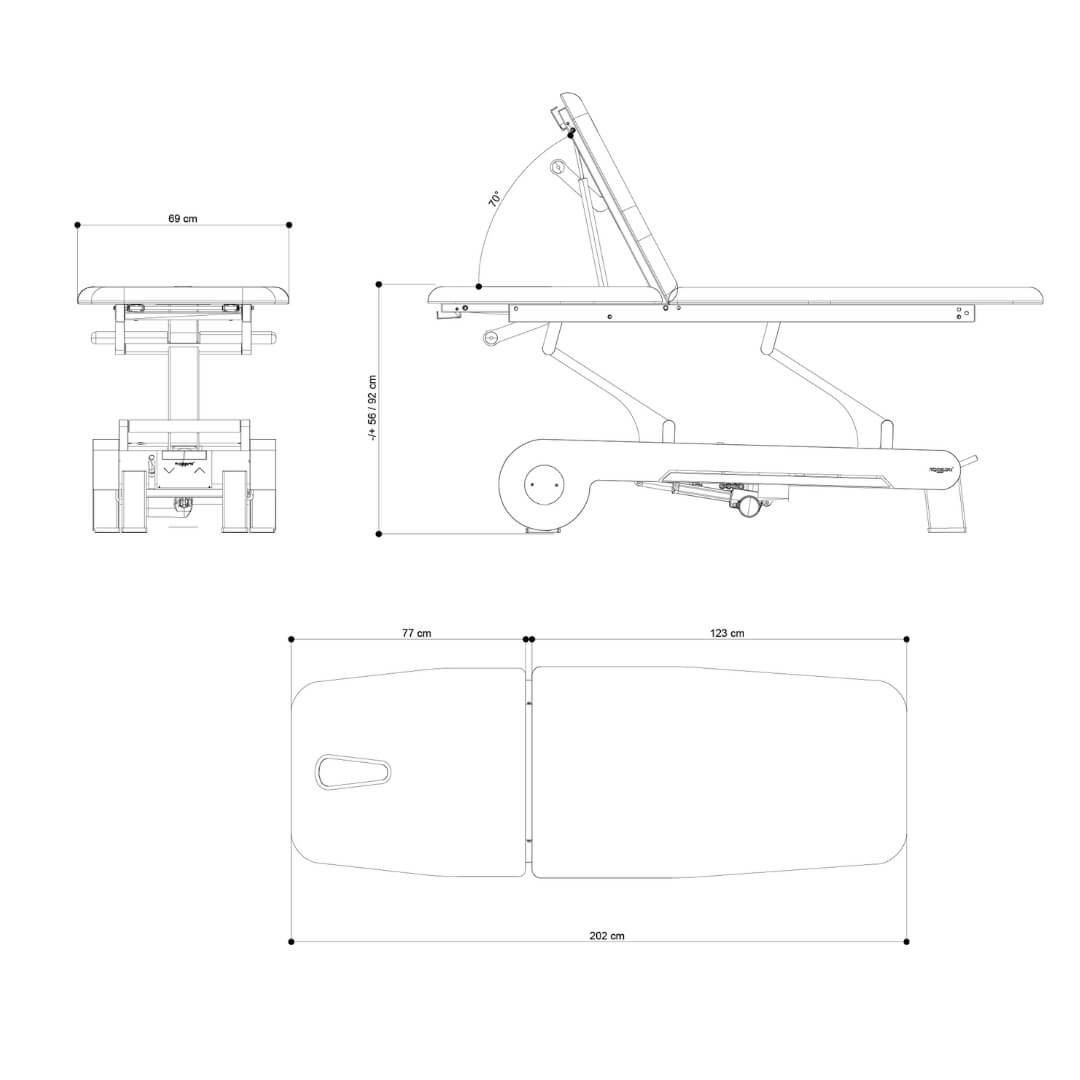 Detailmaße der Winkelverstellung und der Länge der Einzelelemente der Therapie-Liege Naggura N'RUN2L