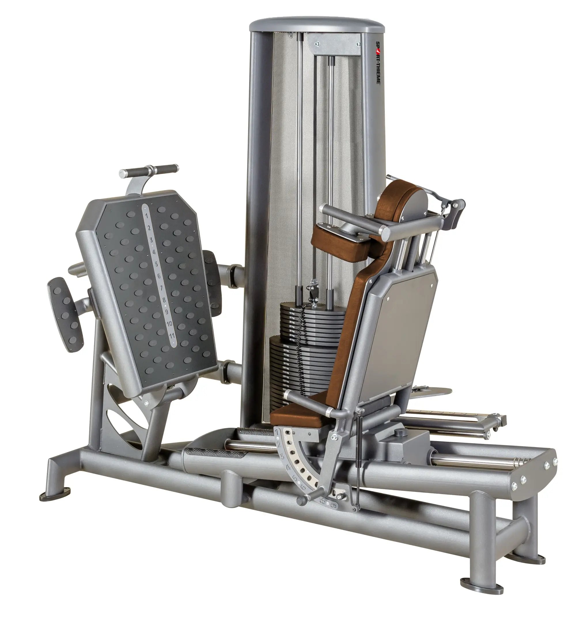 Beinpresse OV für Training im Sitzen mit Steckgewicht und braunem Polster