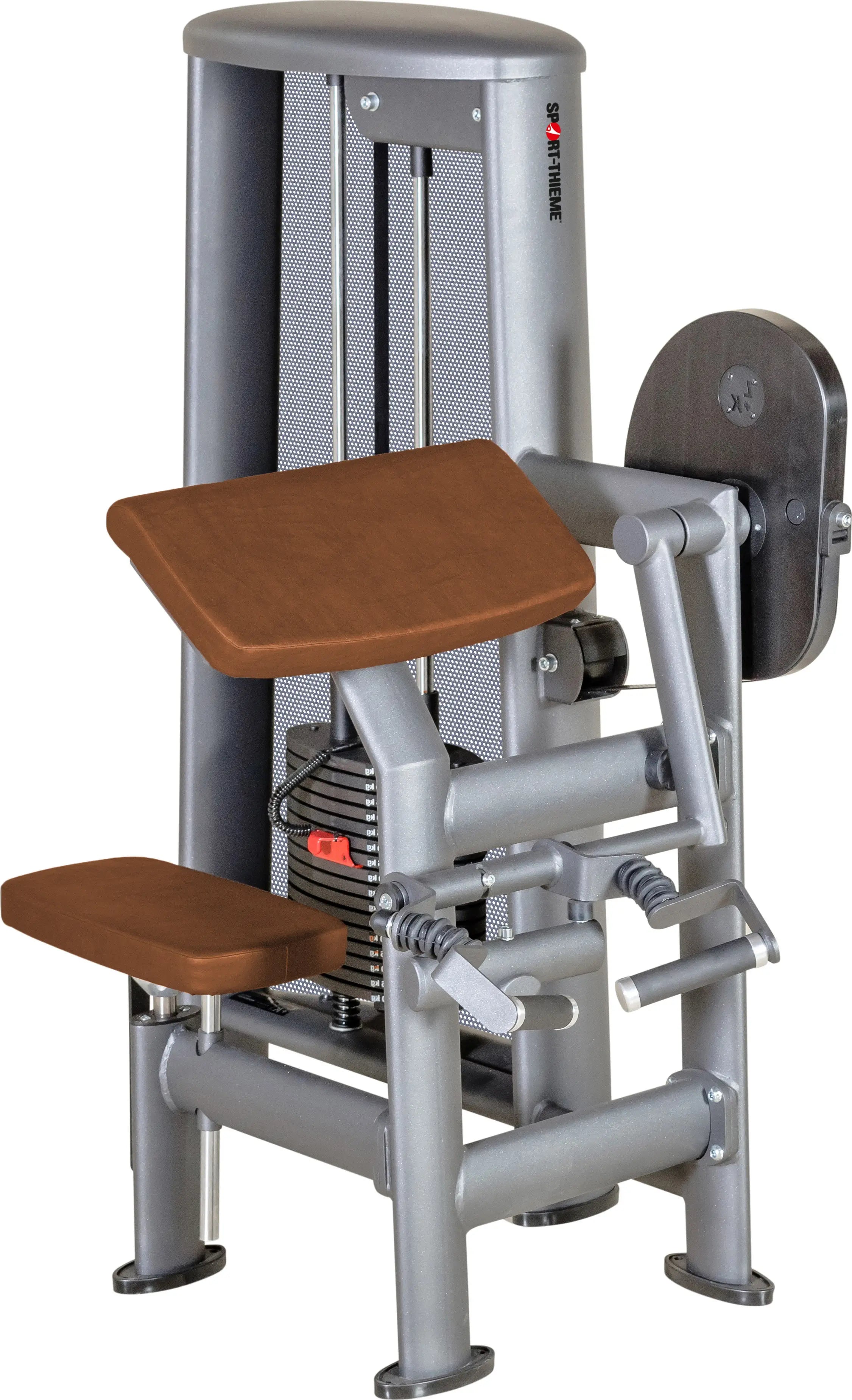 Bizepsmaschine OV mit Steckgewicht und braunem Polster