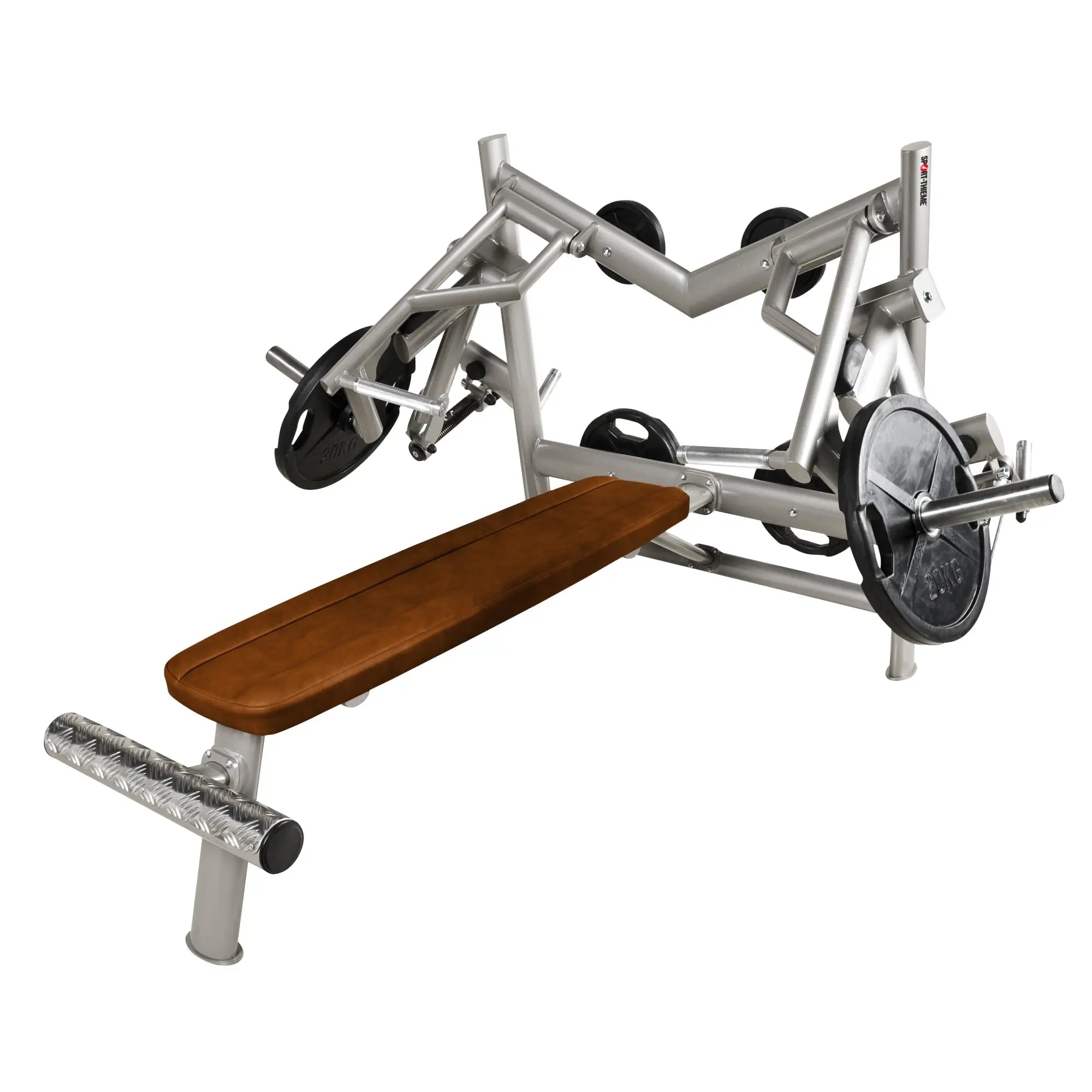 Liegende Bankdrückmaschine OV in braunem Polster mit Hantelscheiben beladbar