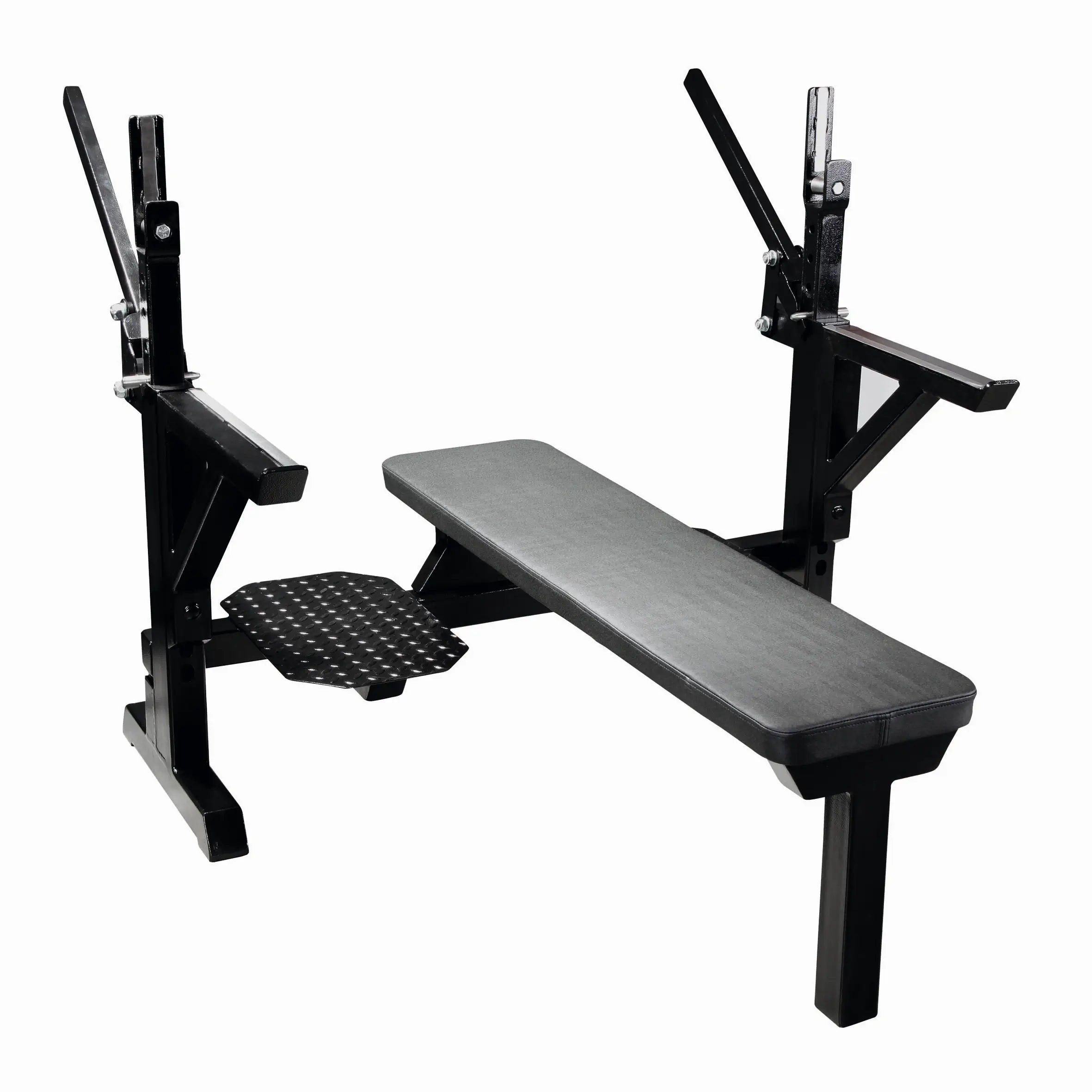 Olympia-Drückerbank Sport-Thieme mit Sicherheitsablage, Hantelablage und zwei Spotter-Trittflächen