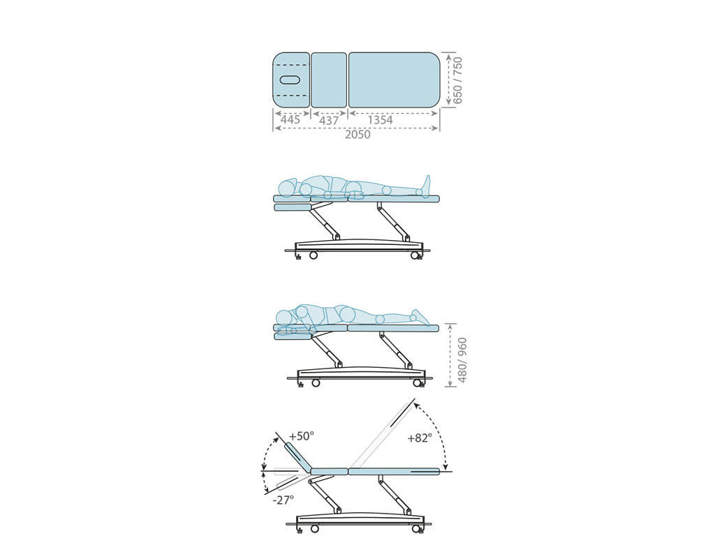Maße und Einstellmöglichkeiten der Massageliege Novak S3 mit dreiteiliger Liegefläche