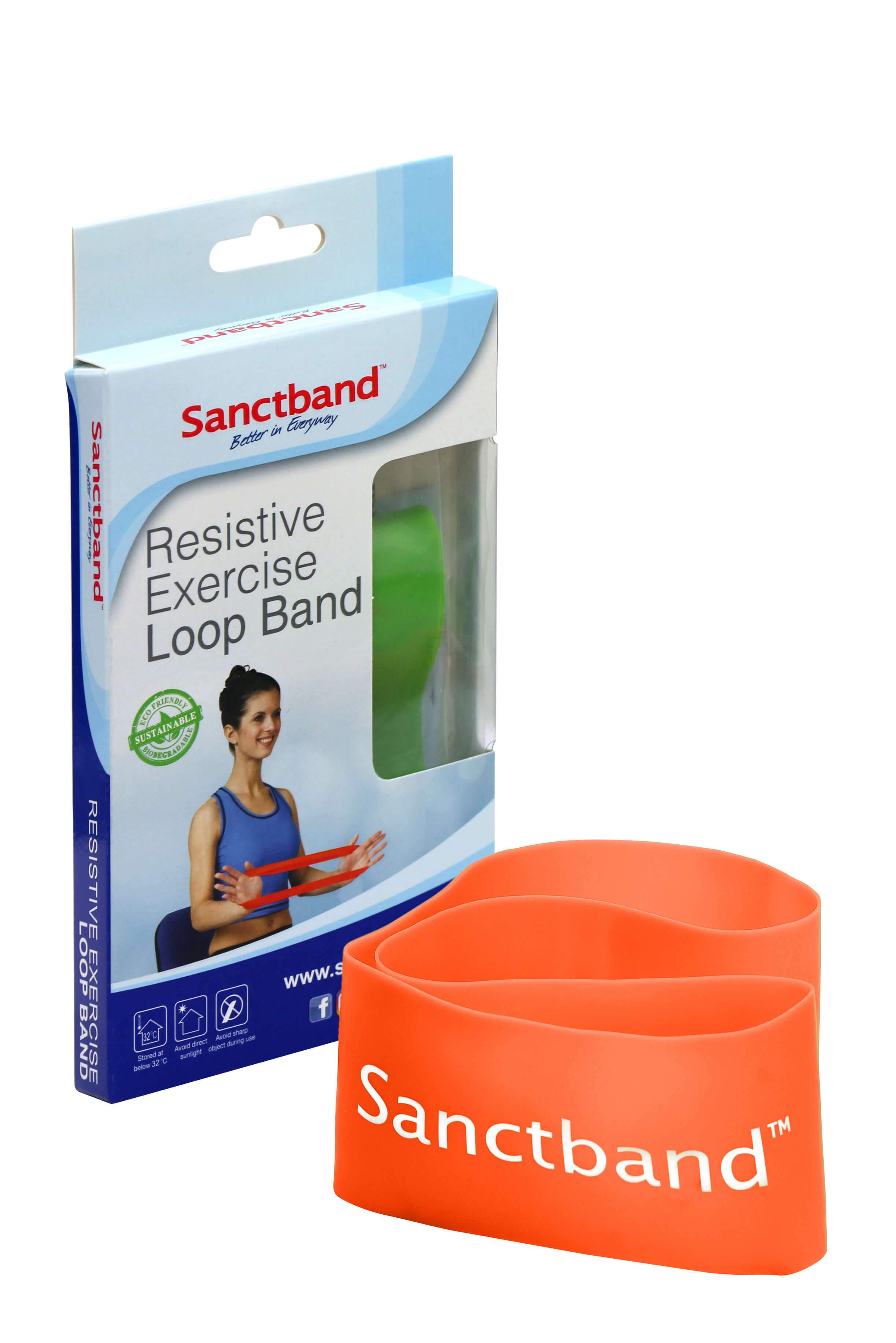 Fitnessband Sanctband Loop in Orange neben Verpackung