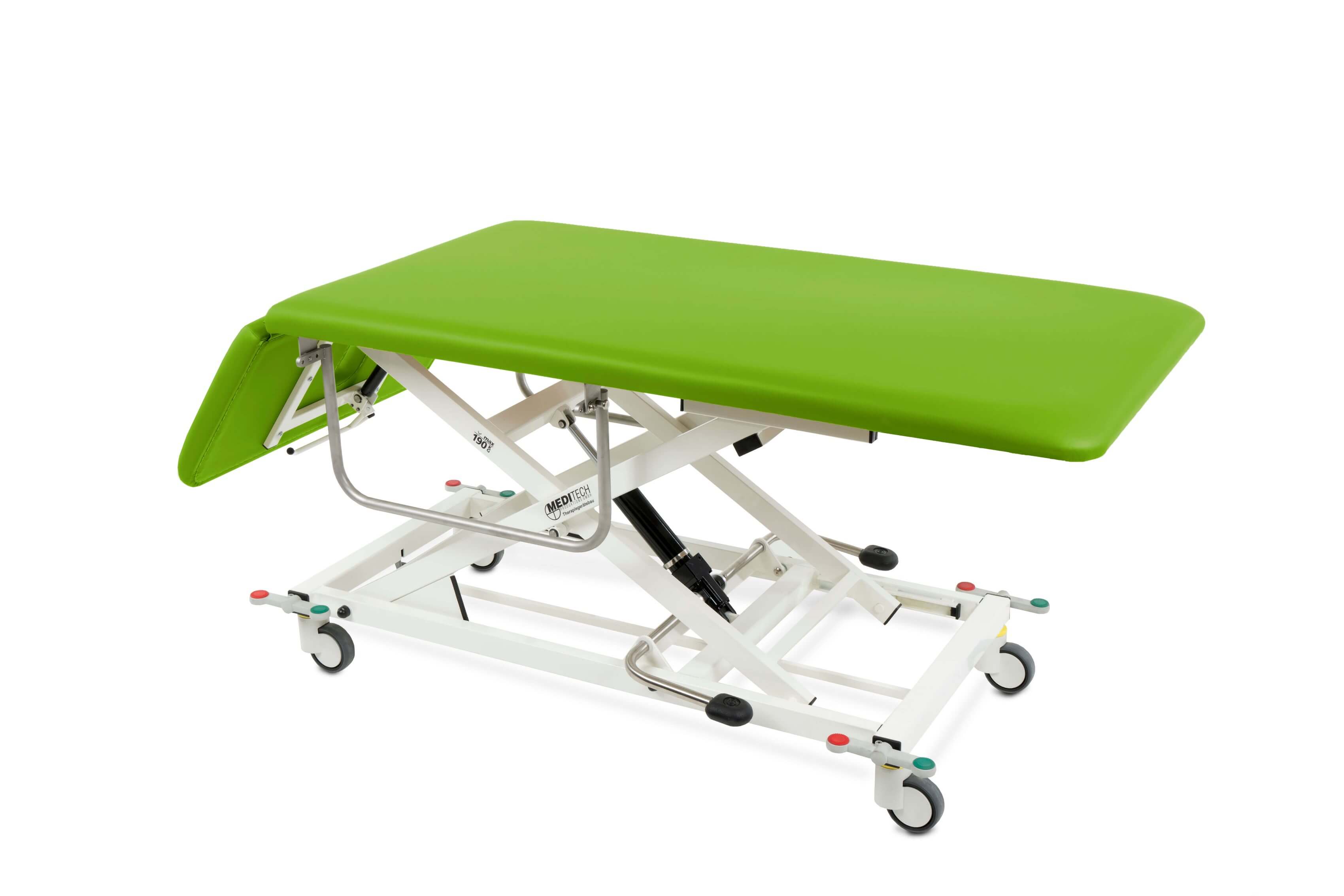 Transportliege VARIO Move in grünem Polster mit Kopfteil in Negativstellung
