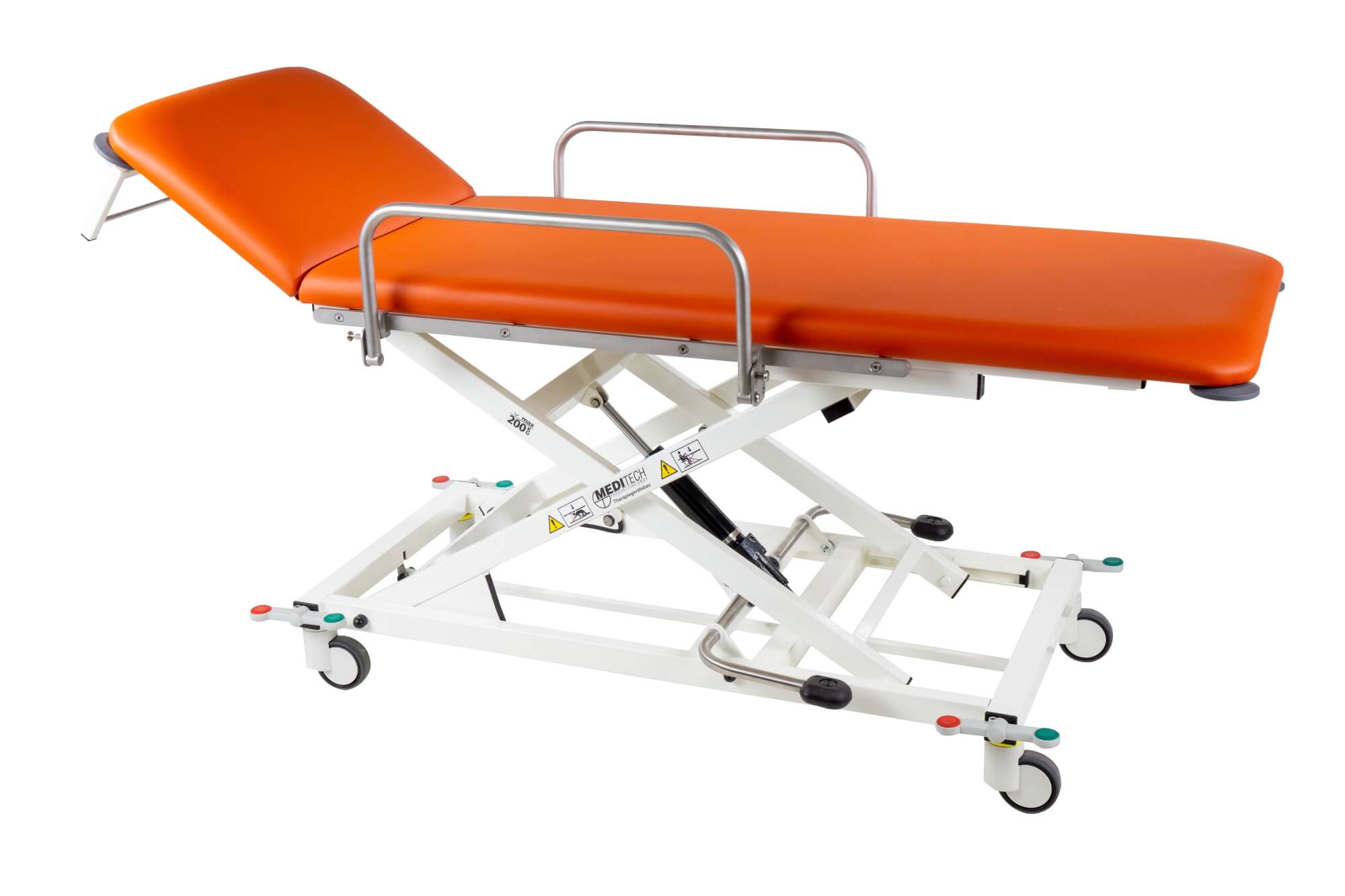 Transportliege VARIO Move in dunkel-orangenem Polster mit Kopfteil in Positivstellung
