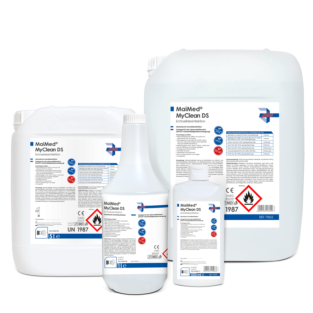 Flächendesinfektion MaiMed® MyClean DS – alkoholische Schnelldesinfektion, Hersteller: MaiMed GmbH & Co. KG, für den Einsatz in der Pflege, Arztpraxis, Physiotherapie, im Krankenhaus, Fitnessstudio oder in der Gastronomie gegen Viren & Bakterien - MEDITECH Sachsen GmbH