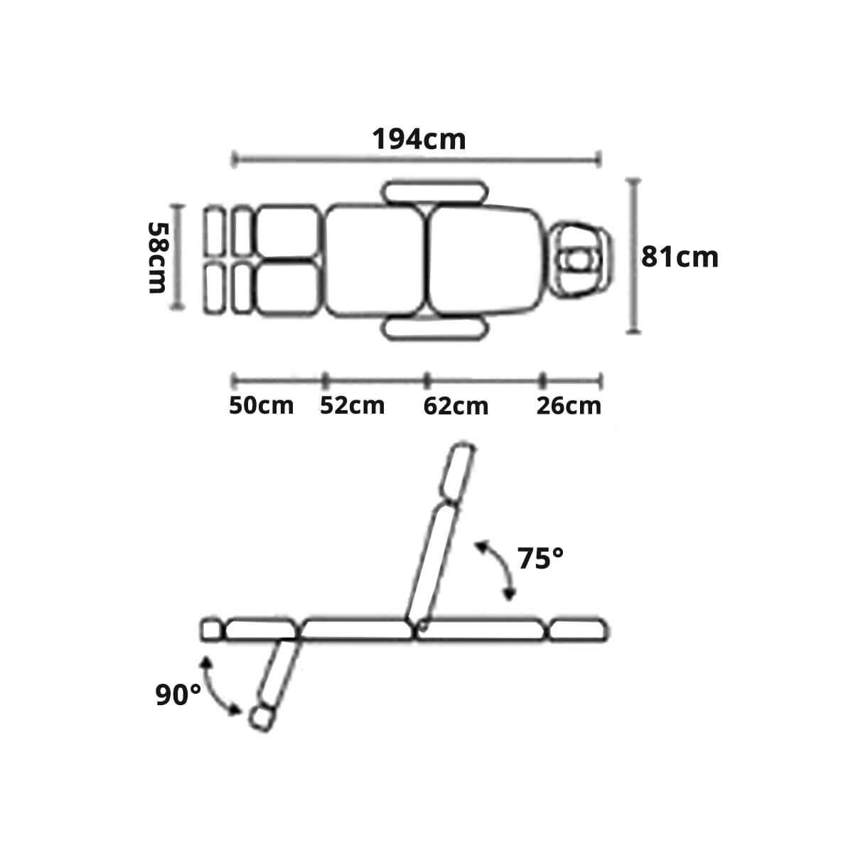 Maße der Liegefläche und Verstelloptionen der Kosmetikliege Beauty SENSO