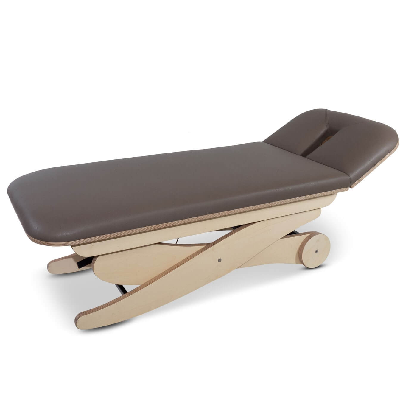 Massageliege relax sensation Modell Start in schwarzen Polster mit hellem Holzgestell und Kopfteil in Positivstellung