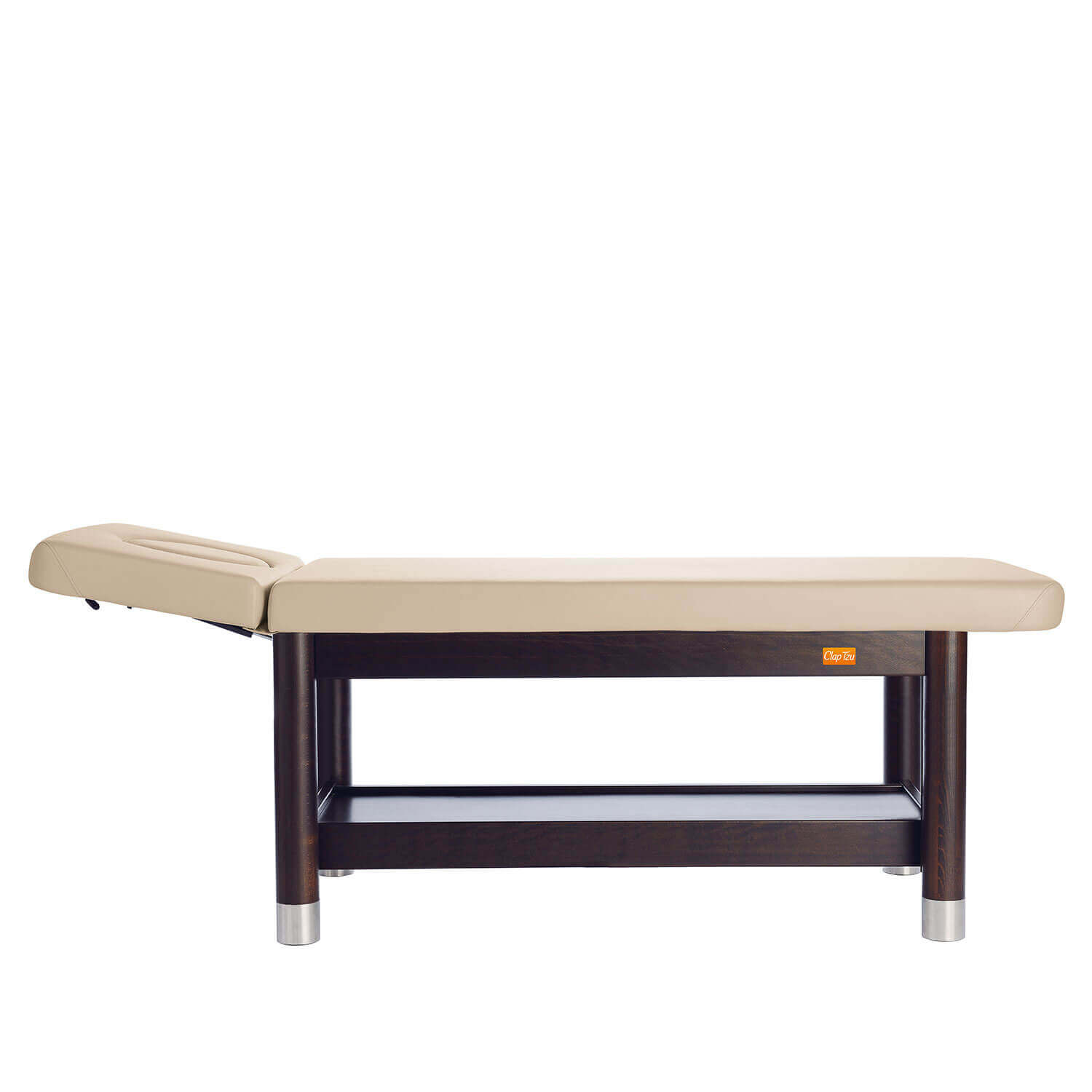 Massagebank AMBRA fix in beigem Polster mit dunklem Holzgestell und Kopfteil