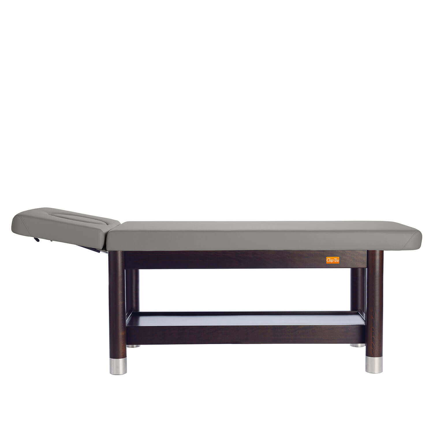 Massagebank AMBRA fix in grauem Polster mit dunklem Holzgestell und Kopfteil