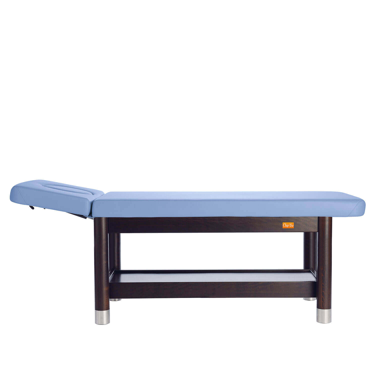 Massagebank AMBRA fix in blauem Polster mit dunklem Holzgestell und Kopfteil