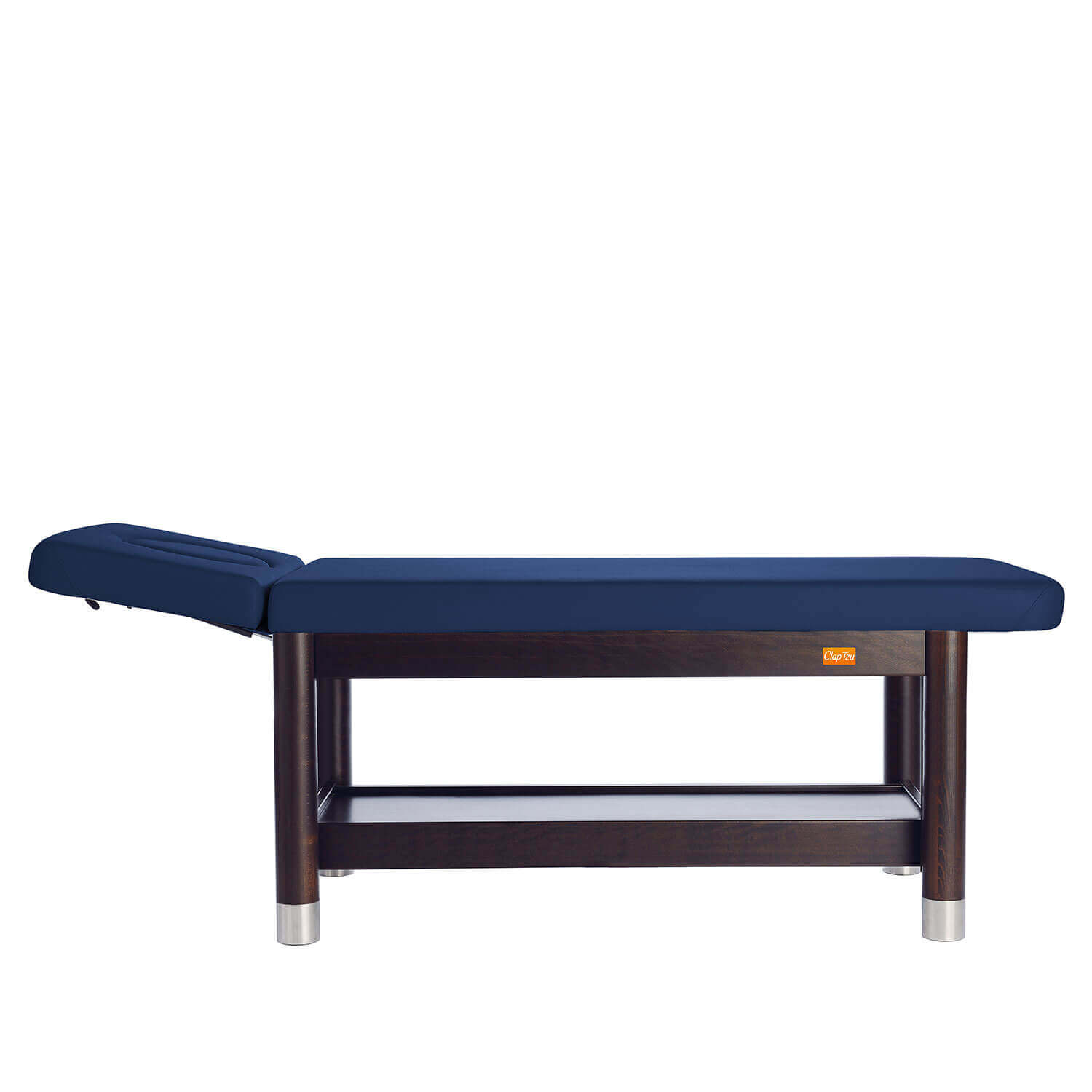 Massagebank AMBRA fix in dunkelblauem Polster mit dunklem Holzgestell und Kopfteil