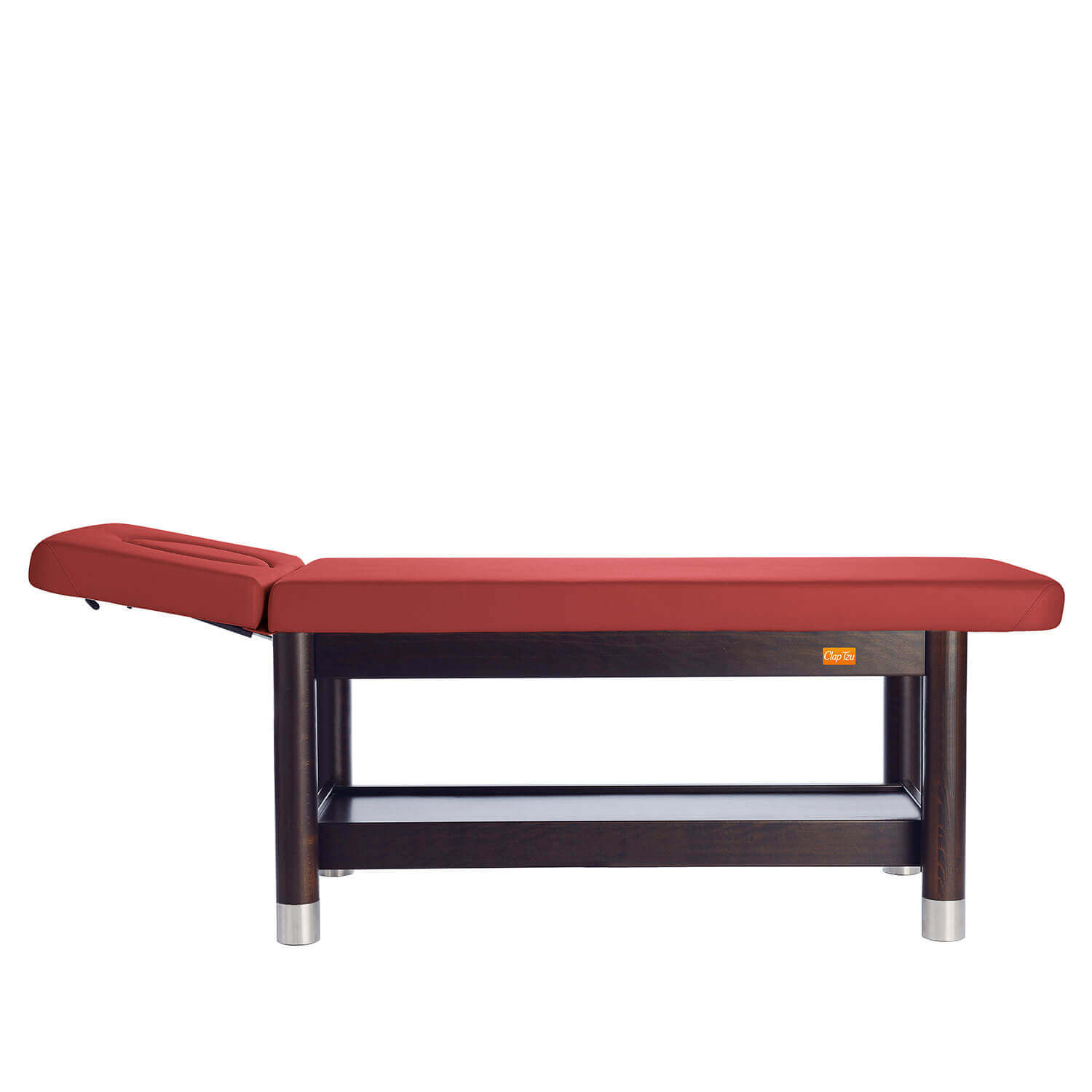 Massagebank AMBRA fix in rotem Polster mit dunklem Holzgestell und Kopfteil
