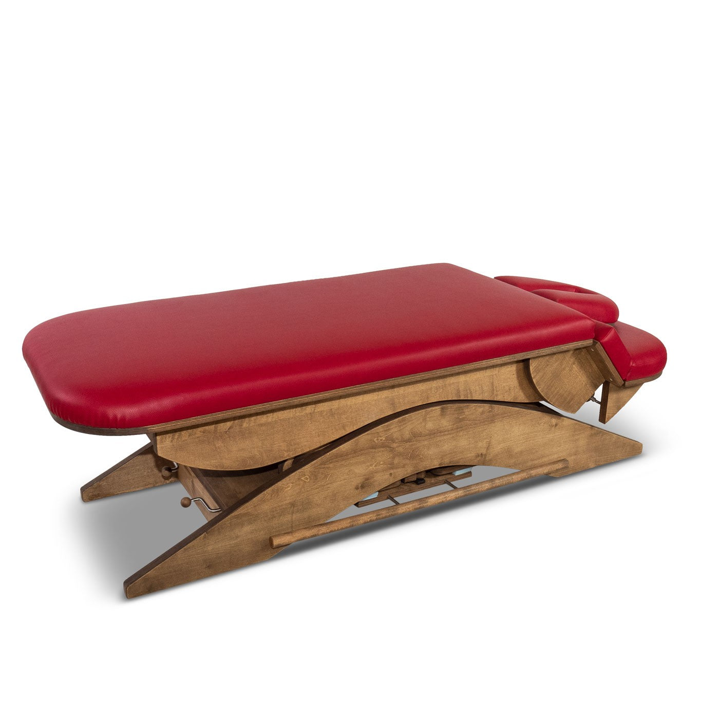 Massageliege relax sensation Modell Basic in rotem Polster mit Holzgestell und Kopfteil in Negativstellung