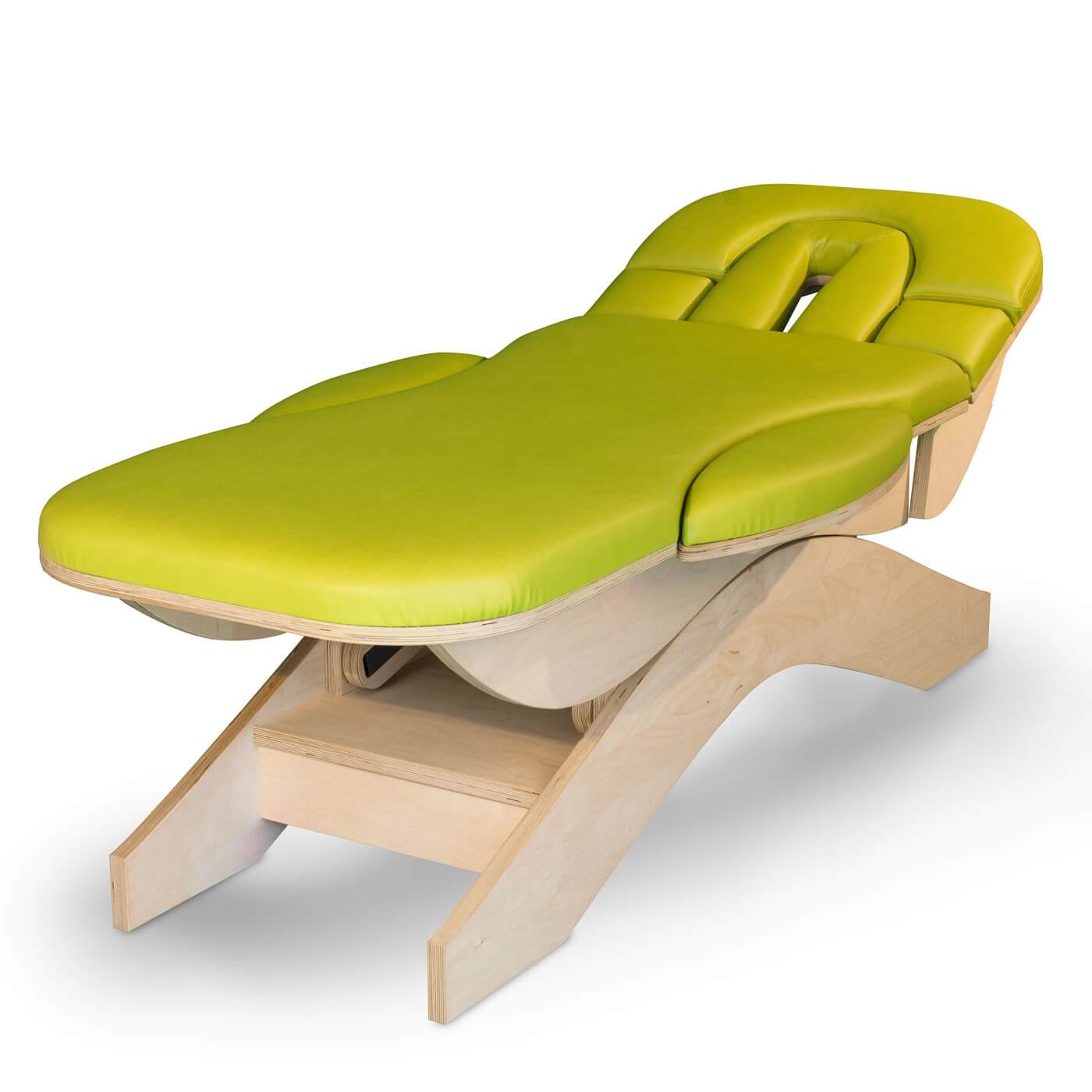 Massagetisch relax sensation Modell Basic Plus mit Ansteckteilen und Kopfteil in grünem Polster und mit Holzgestell