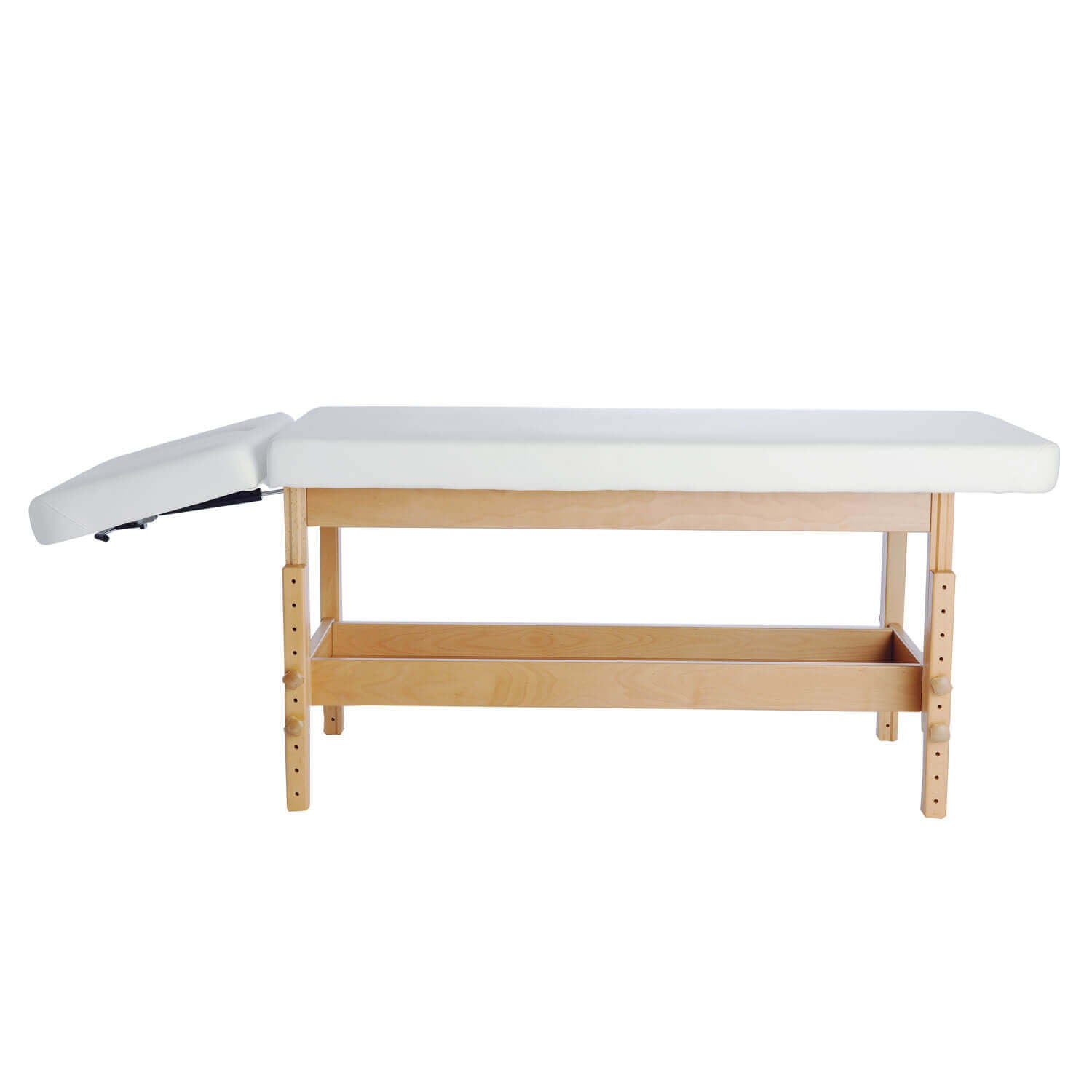 Massageliege STABILO mit Kopfteil in weißem Polster und Holzgestell