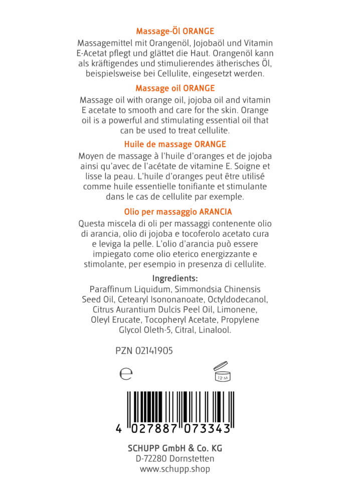 Rückseite der Flasche Massageöl Schupp Orange mit Inhaltsstoffen und Barcode