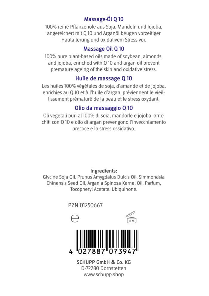 Rückseite der Flasche Massageöl Schupp Q10 mit Inhaltsstoffen und Barcode