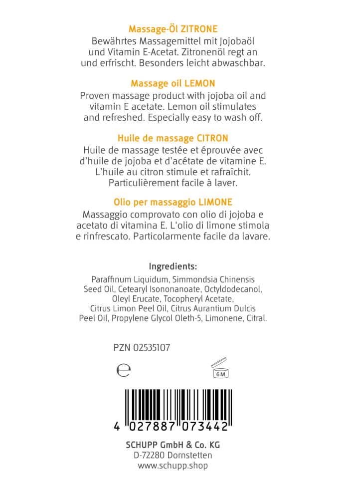 Rückseite der Flasche Massageöl Schupp Zitrone mit Inhaltsstoffen und Barcode