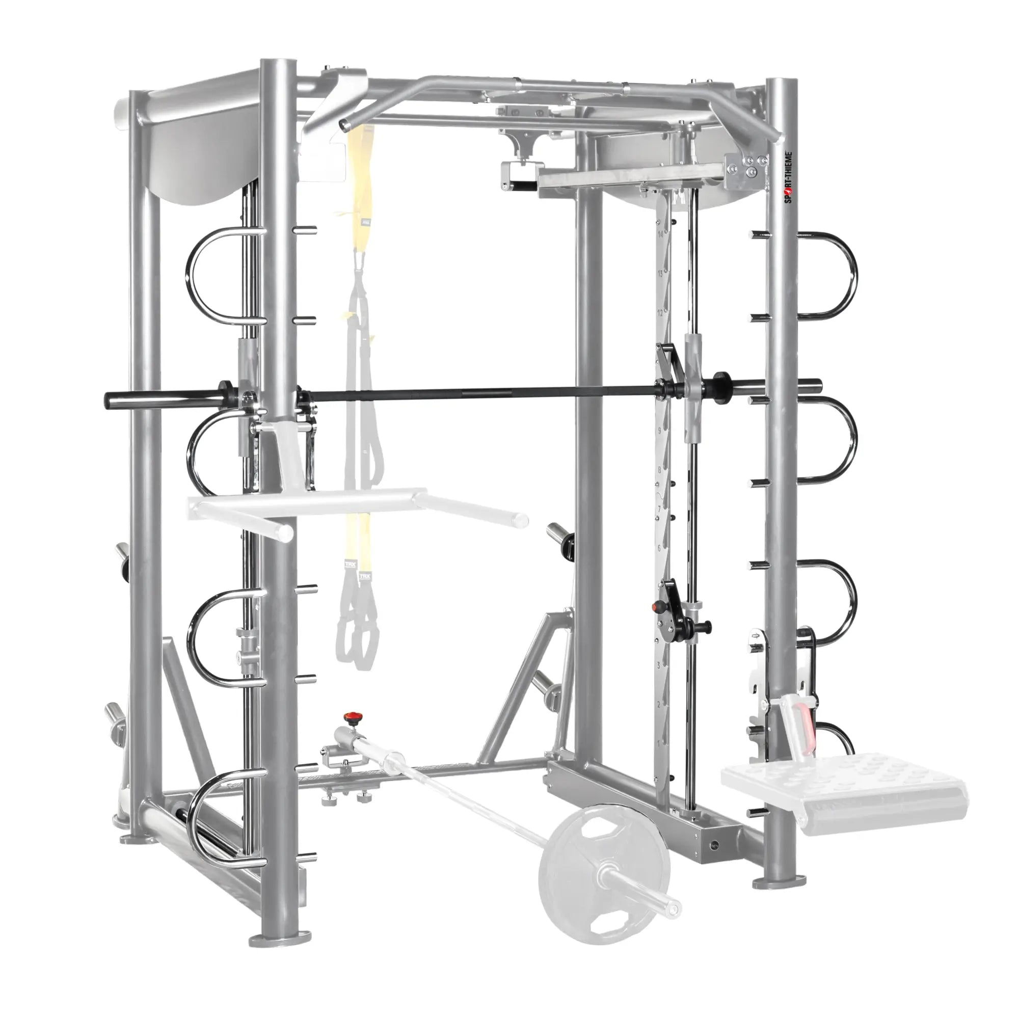 Smith Machine OV Power mit angebrachtem TRX-Band,T-Bar und Dipstation